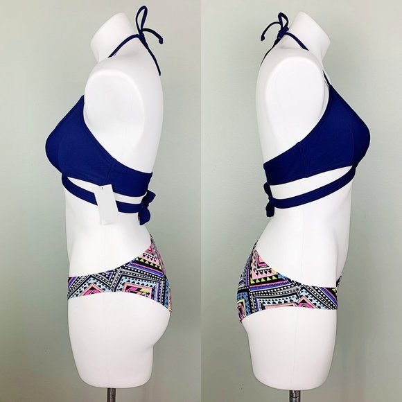 1 DAY SALE Navy Geometric Aztec Wrap Halter Bikini - Picture 4 of 5